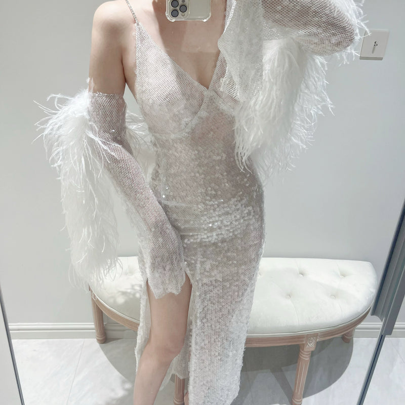 Muse Micro Transparent Crystal Sequins Ostrich Hair Sleeves High Slits Long Skirt Set Light Wedding Dress Skirt