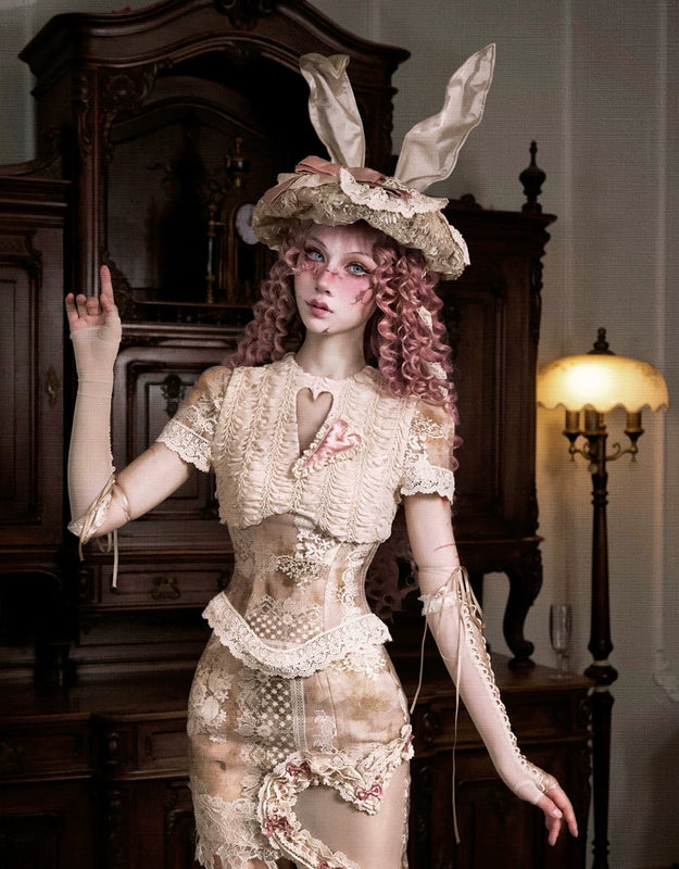 Crew Neck Hollow Elegant Love Vintage Short Lace Top Christmas Halloween Top