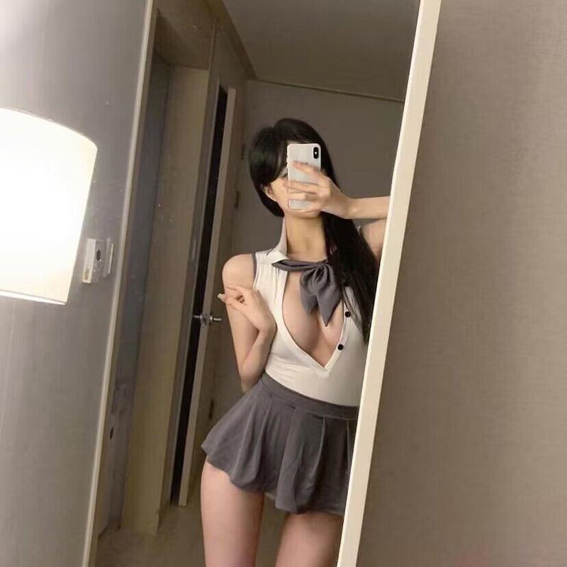 Hot girl sexy pure desire college style age reducing bow JK short skirt color blocking seductive uniform pleated tea break skirt summer