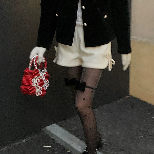 Fashion original niche design pearlescent polka dot black stockings girl bow versatile bare leg socks artifact