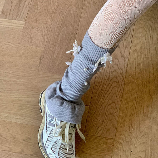 Fashion pure hand-sewn pearl bow socks cover ballet miu style babes leg cover spring and autumn jk sweet