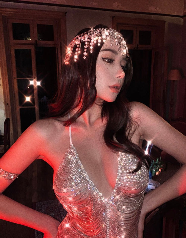 Summer sexy rhinestone sling hollow perspective neck dress nightclub dancing short skirt photo dress woman