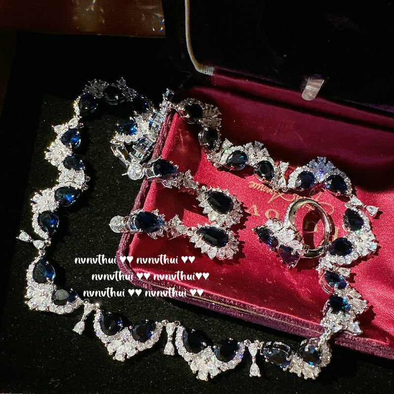 Sri Lanka Blue Crown Waterdrop Necklace Deep Sea Blue Teardrop Ring