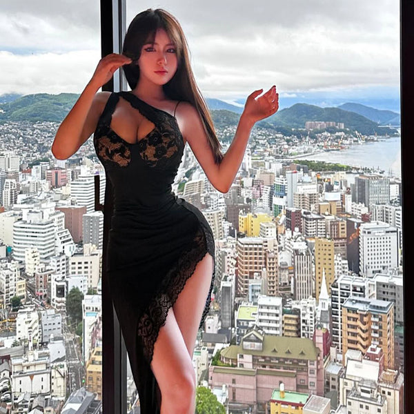Nightclub spicy girl style sexy low cut V-neck lace patchwork irregular temperament high slit waist slimming dress