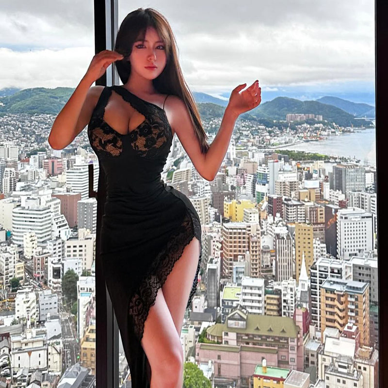 Nightclub spicy girl style sexy low cut V-neck lace patchwork irregular temperament high slit waist slimming dress