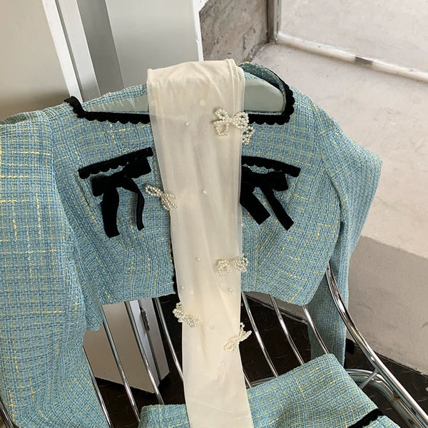 Fashion original niche design spring and autumn milk white hand-sewn pearl bow outer wear one-piece socks can be cut at will