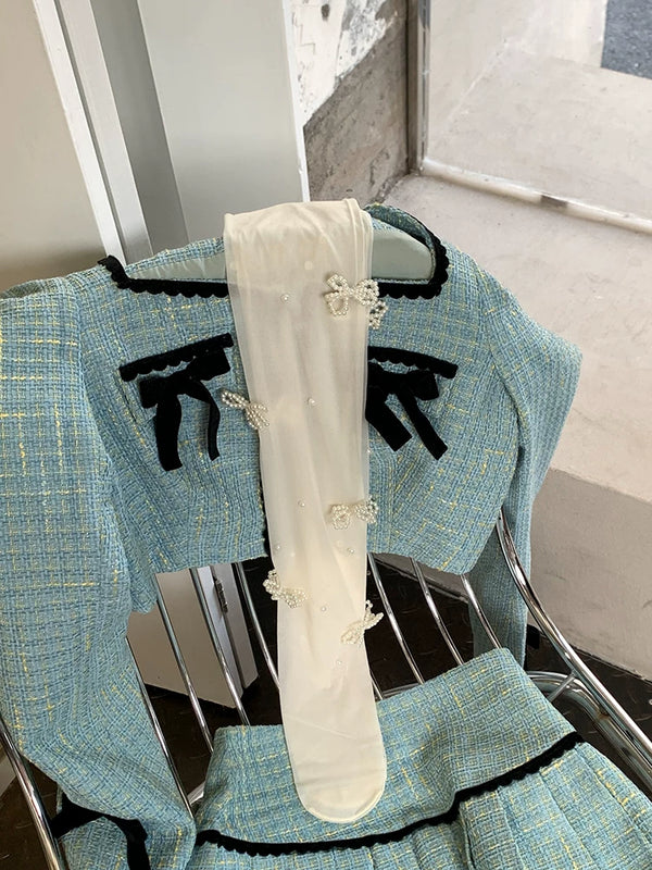 Fashion original niche design spring and autumn milk white hand-sewn pearl bow outer wear one-piece socks can be cut at will