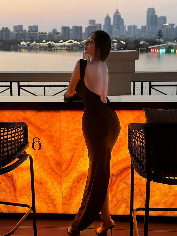 Pure desire style sexy hot girl backless V-neck suspender dress for women's summer beach vacation slim fit hip hugging long skirt