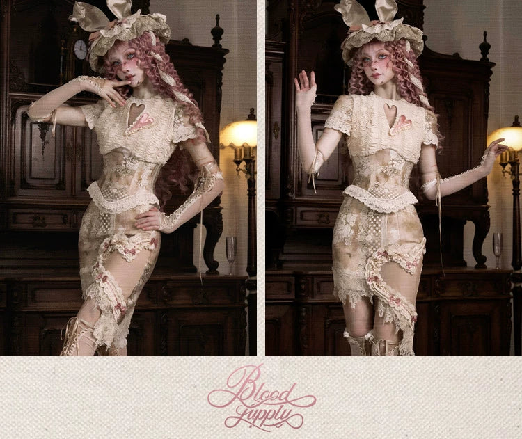 Crew Neck Hollow Elegant Love Vintage Short Lace Top Christmas Halloween Top