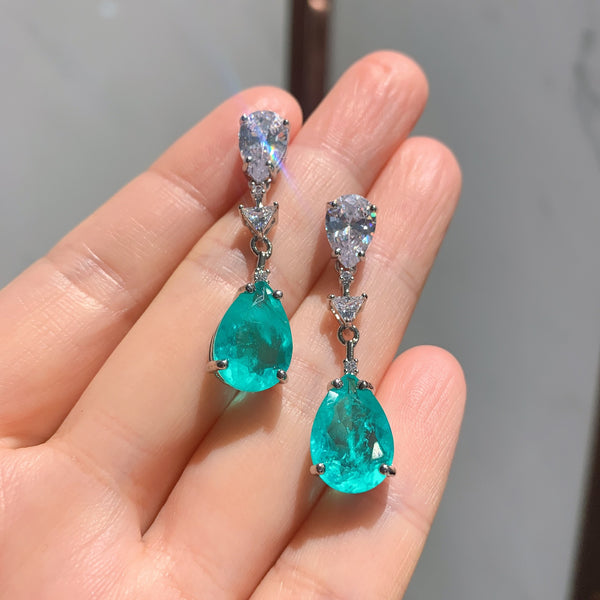Simulated Caibao European and American imitation Paraiba earrings 10 * 14 pendant necklace 10 * 14 set