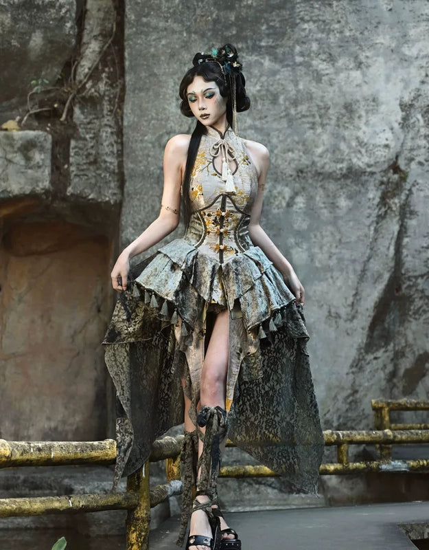 New Chinese style disc buckle jacquard lace trailing skirt Christmas