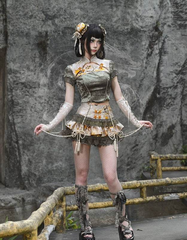 New chinoiserie jacquard snake print slimming tassel short sleeve cheongsam tops christmas halloween