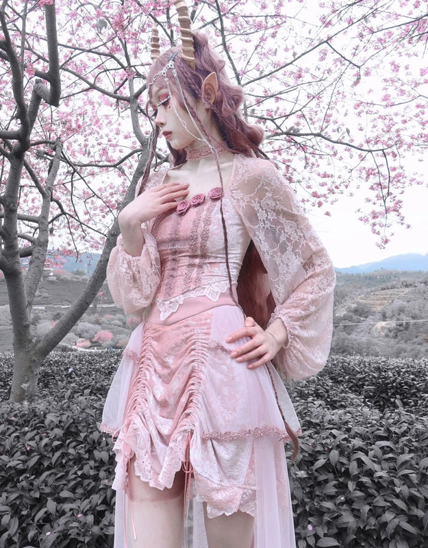 Original ◆ Sakura nightmare romantic gothic design embossed lotus root pink embroidered court half length skirt