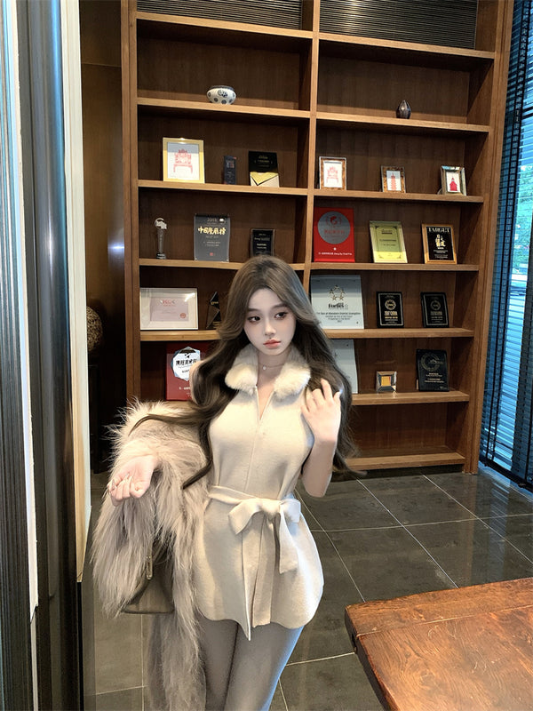 Milk white fur collar sleeveless knitted vest women's spring design waist strap temperament cardigan top