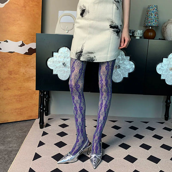 The Profundity Hidden in Color~ Summer French Retro Personality Niche Flower Ben Thin Purple-Green Two-Color Romper Stockings