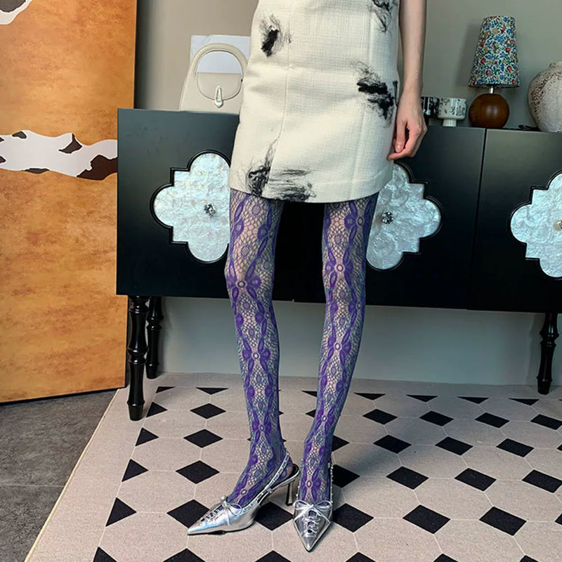 The Profundity Hidden in Color~ Summer French Retro Personality Niche Flower Ben Thin Purple-Green Two-Color Romper Stockings