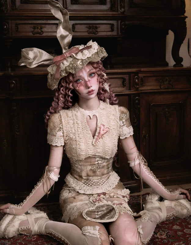 Crew Neck Hollow Elegant Love Vintage Short Lace Top Christmas Halloween Top