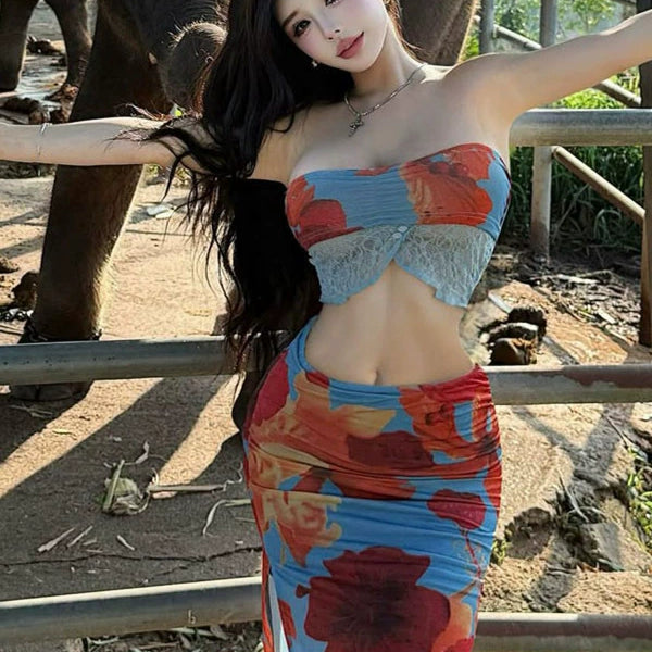 Pure desire style sexy babes hollowed out retro printing open navel vacation fashion chest wrap beach dress two-piece set
