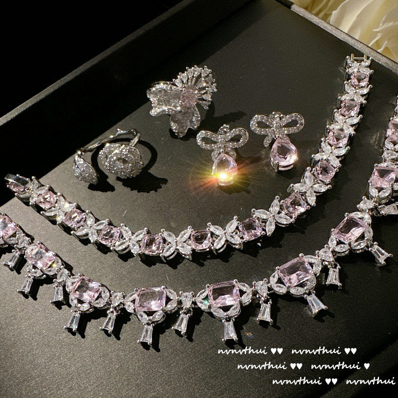 Flower Pink Sweetheart Flower Gem Bracelet Designer Plated 18K Gold Morgan Pink Waterdrop Bow Earrings