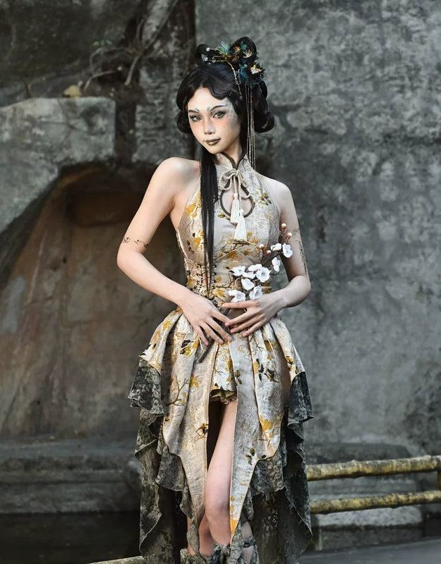 New Chinese style disc buckle jacquard lace trailing skirt Christmas