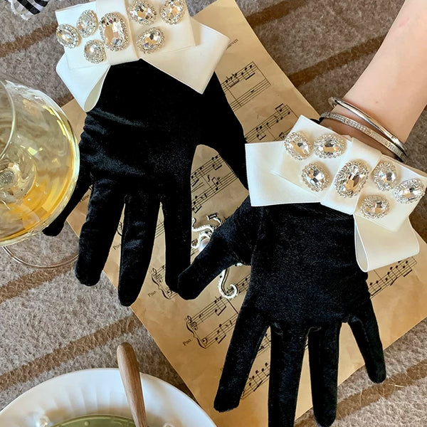 Fashion Niche Spring Summer Court Gorgeous Textured Glossy Ribbon Inlaid Gemstone Black Velvet Jewelry Gloves