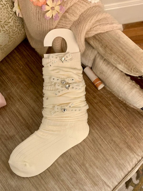 Fashion niche, luxury exaggerated rhinestone pearl bow thin vertical strip ballet calf socks knee socks