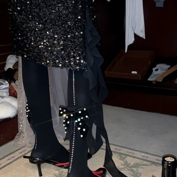 Fashion Niche Vertical Rhinestone Velvet Bow Pressure Skinny Pantyhose Skinny Warm Pantyhose Women