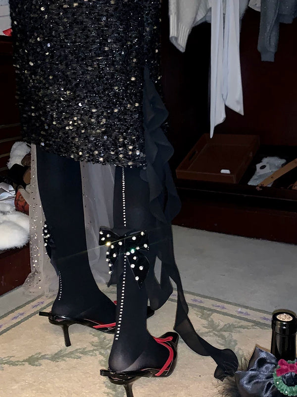 Fashion Niche Vertical Rhinestone Velvet Bow Pressure Skinny Pantyhose Skinny Warm Pantyhose Women