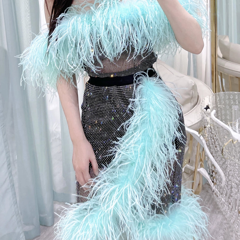 Mint blue-green haute couture heavy industry one-word collar rhinestone feathers ostrich hair tube top