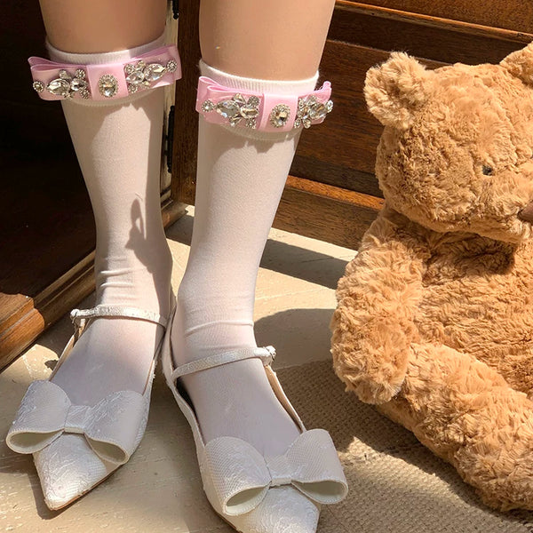 Fashion niche socks full diamond bow socks pearlescent glass socks thin pure desire wind white socks