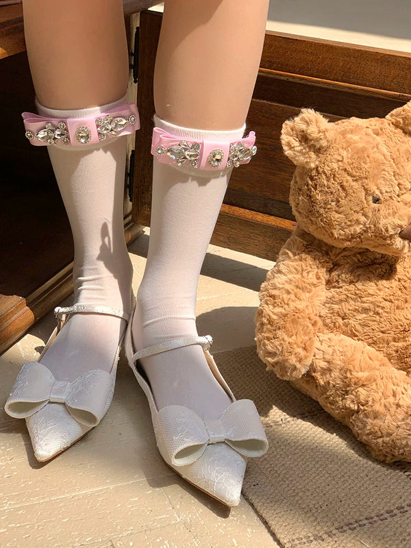 Fashion niche socks full diamond bow socks pearlescent glass socks thin pure desire wind white socks