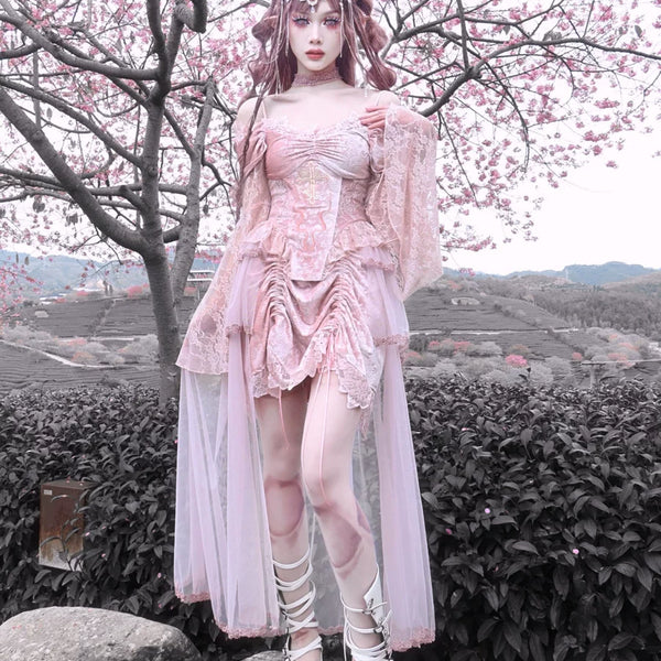 Original ◆ Sakura nightmare romantic gothic design embossed lotus root pink embroidered court half length skirt