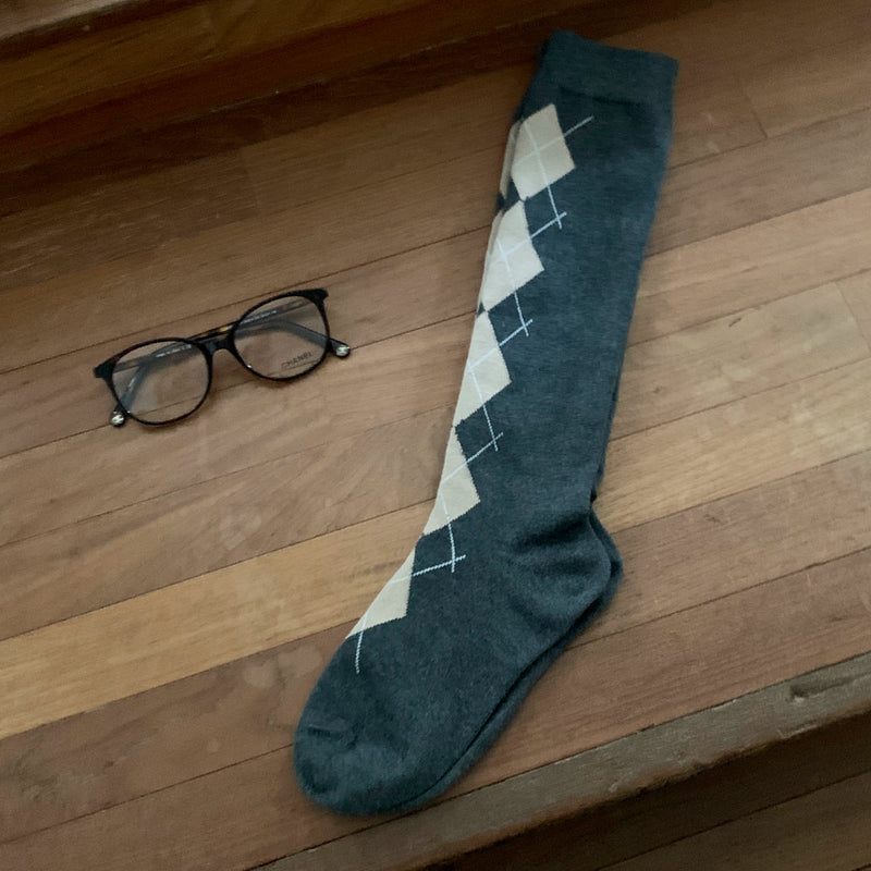 Fashion Academy Rhombus Knee Calf Socks Elegant Retro Thousand Gold Contrast Pile Socks