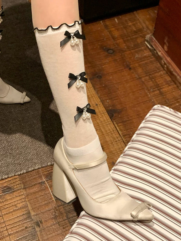 Fashion niche bow pearl pendant socks cute girl ballet summer stacking socks socks