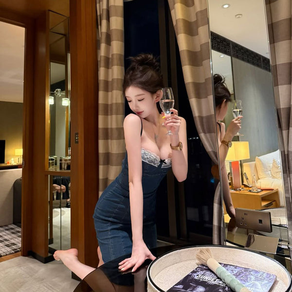 Pure Desire Wind Sexy Hot Girl Lace Splicing Strap Dress for Women in Summer Pure Sensation Slim Fit Waist Cowboy Bag Hip Skirt
