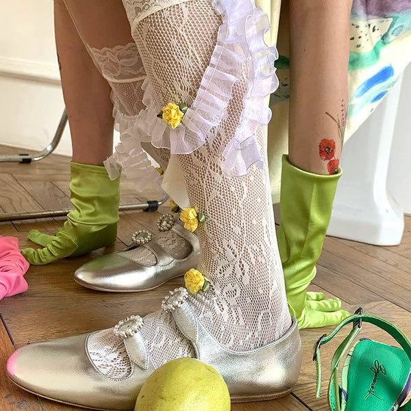 Fashion niche design girl lace tube socks summer mesh thin Japanese hollow stacking socks