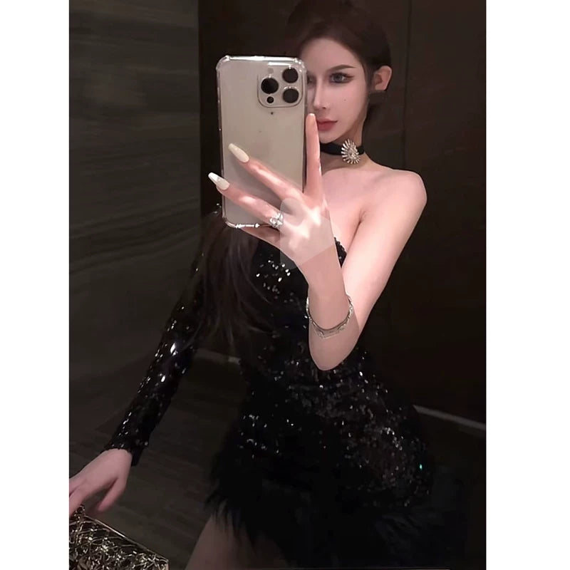 Elegant sexy one shoulder long sleeves sequin hot girl hip dress furry patchwork little black dress birthday party dress