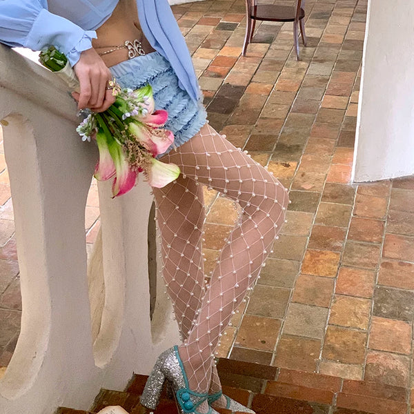 Fashion niche white pearl bow design mesh socks sexy babes pantyhose leggings