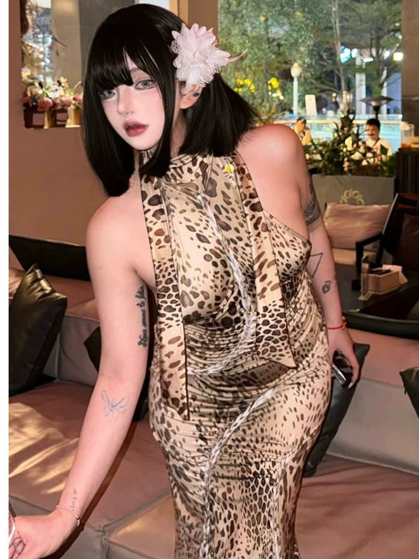 Pure desire style sexy spice girl leopard print print neck dress women's strap design sense niche hip wrap dress