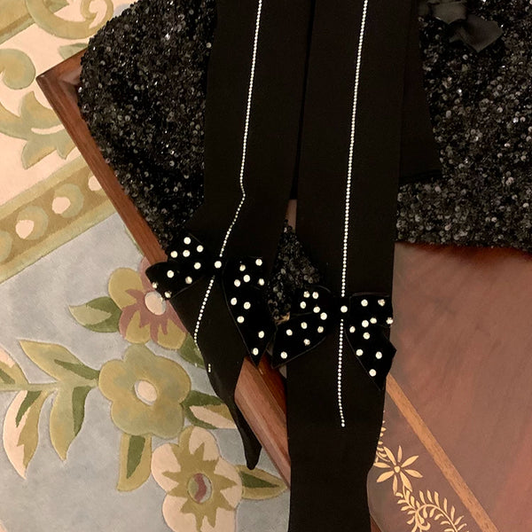 Fashion Niche Vertical Rhinestone Velvet Bow Pressure Skinny Pantyhose Skinny Warm Pantyhose Women