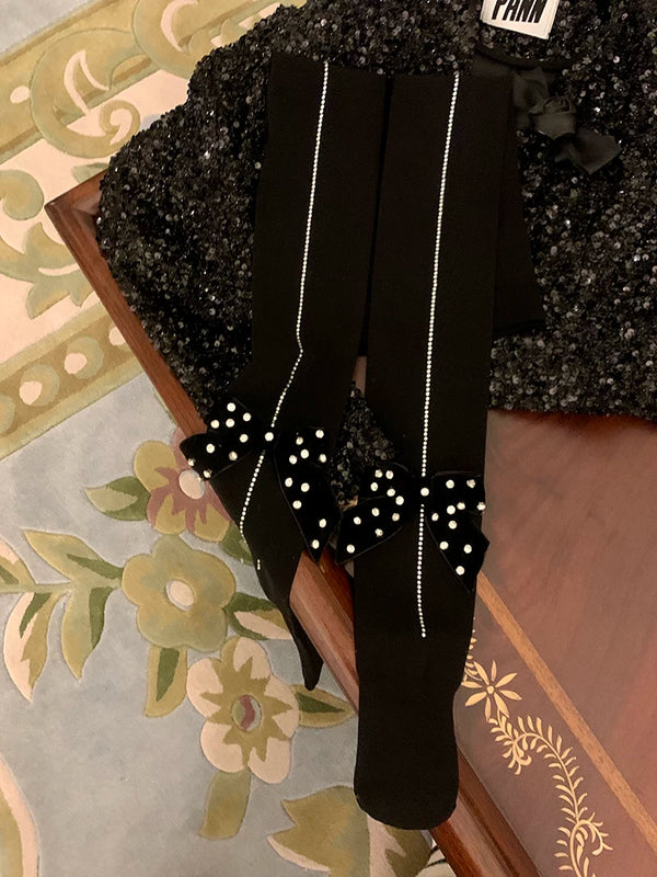Fashion Niche Vertical Rhinestone Velvet Bow Pressure Skinny Pantyhose Skinny Warm Pantyhose Women