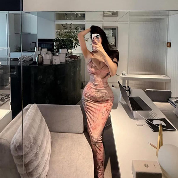 Sexy hot girl, backless vacation, butterfly condensation backpack, hip suspender dress, socialite, princess, hip hugging long skirt