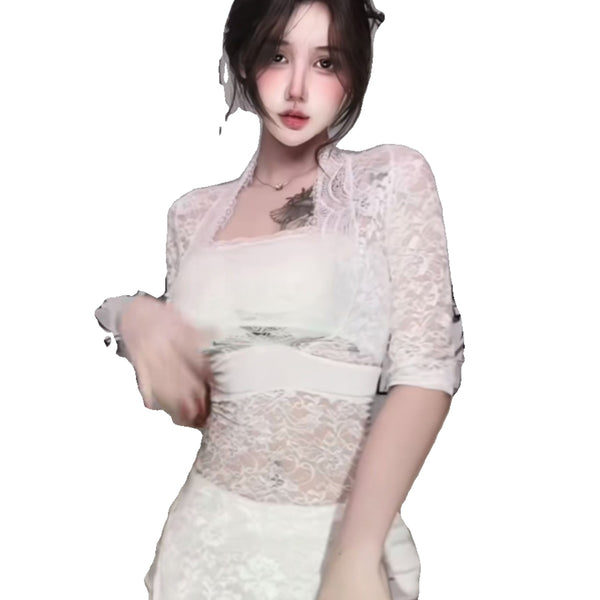 Spicy girl sexy low cut V-neck lace patchwork slit mid length long skirt with half sleeves, translucent temperament base, tea break dress
