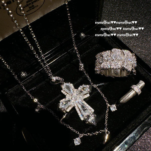 Cross gemstone necklace, water droplet zircon tassel necklace, layered and worn