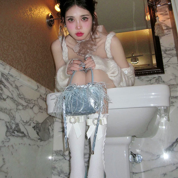 Fashion niche Japanese square diamond gem bow lace socks white black cute Lolita