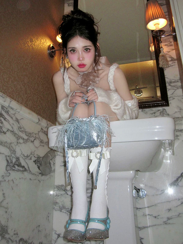 Fashion niche Japanese square diamond gem bow lace socks white black cute Lolita