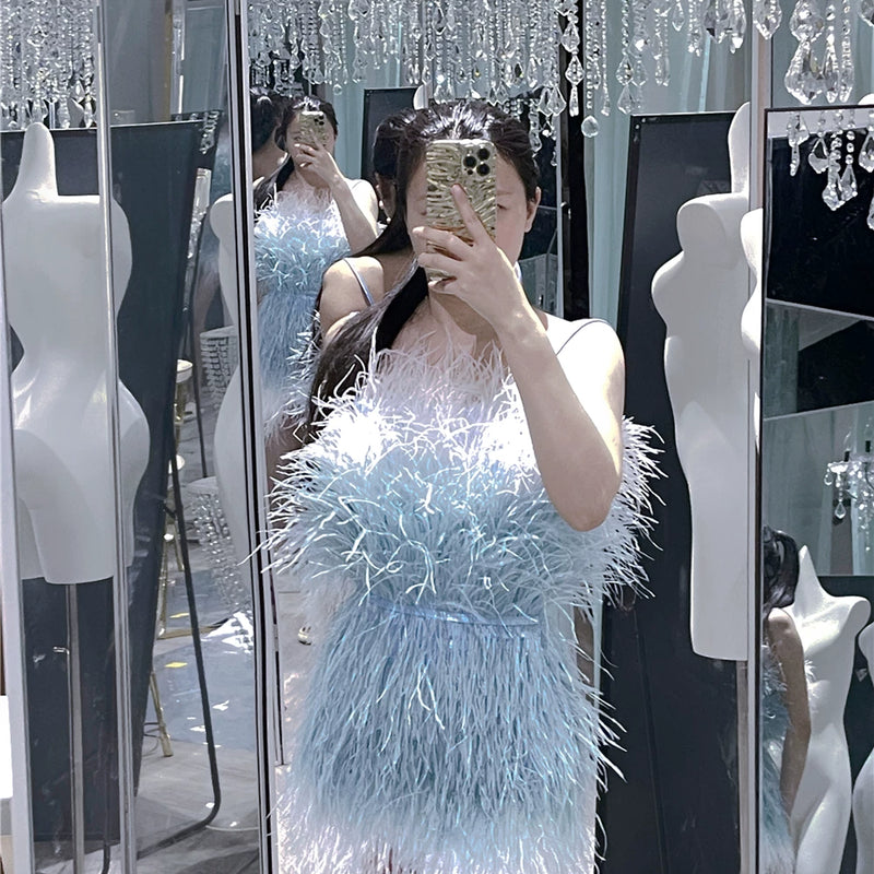 Thousand gold sense of design white swan birthday party heavy industry feather ostrich feather accessible luxury evening dress dress