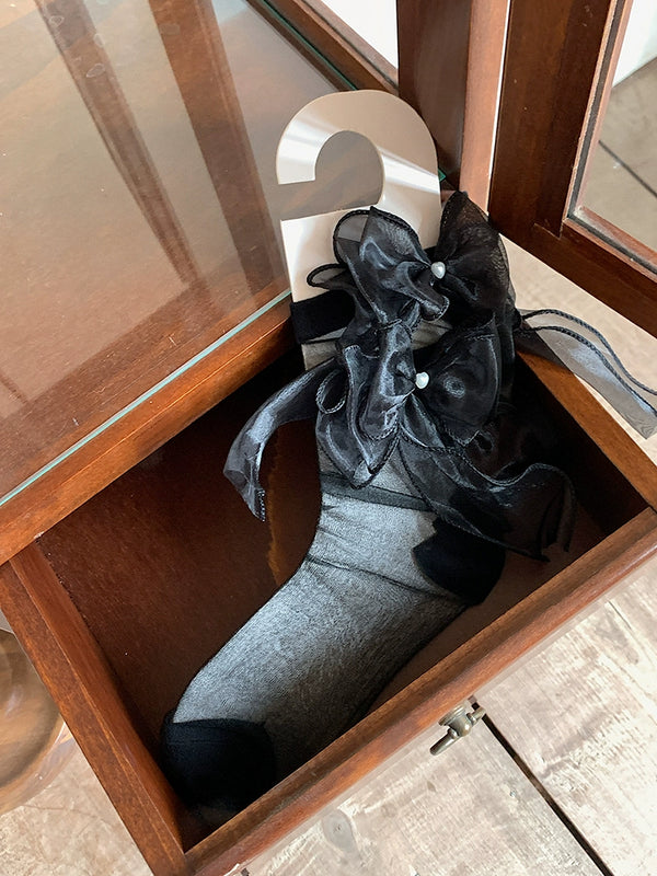 Fashion niche Lolita JK socks women's double yarn bow lace sweet medium tube princess socks thin