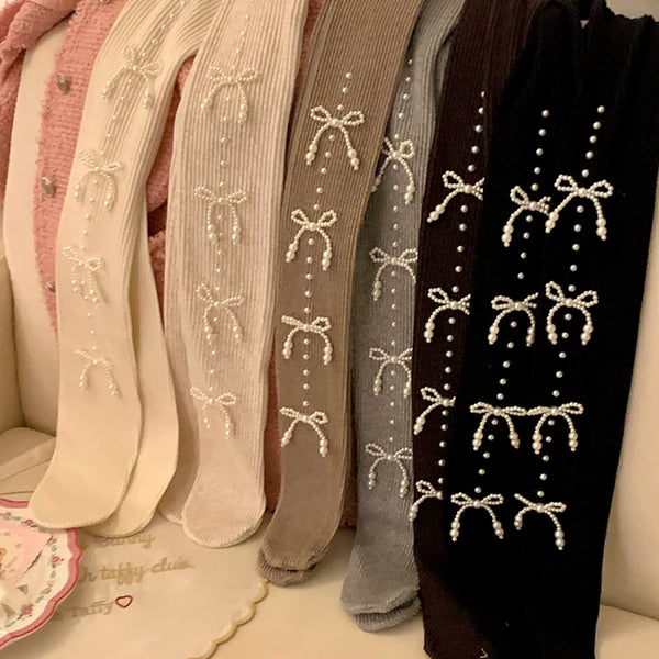 Fashion niche atmosphere, pearl bow, abdomen and hip lift, pressure to look thin, autumn and winter warm pantyhose women