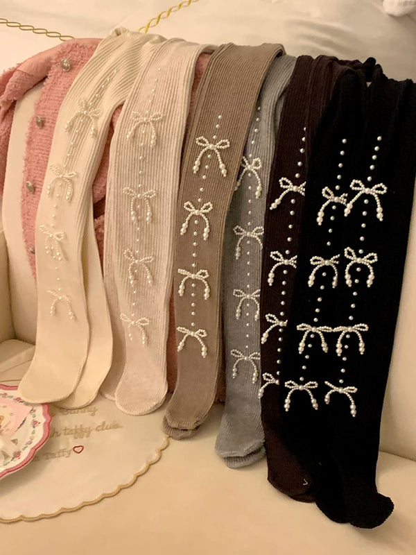 Fashion niche atmosphere, pearl bow, abdomen and hip lift, pressure to look thin, autumn and winter warm pantyhose women